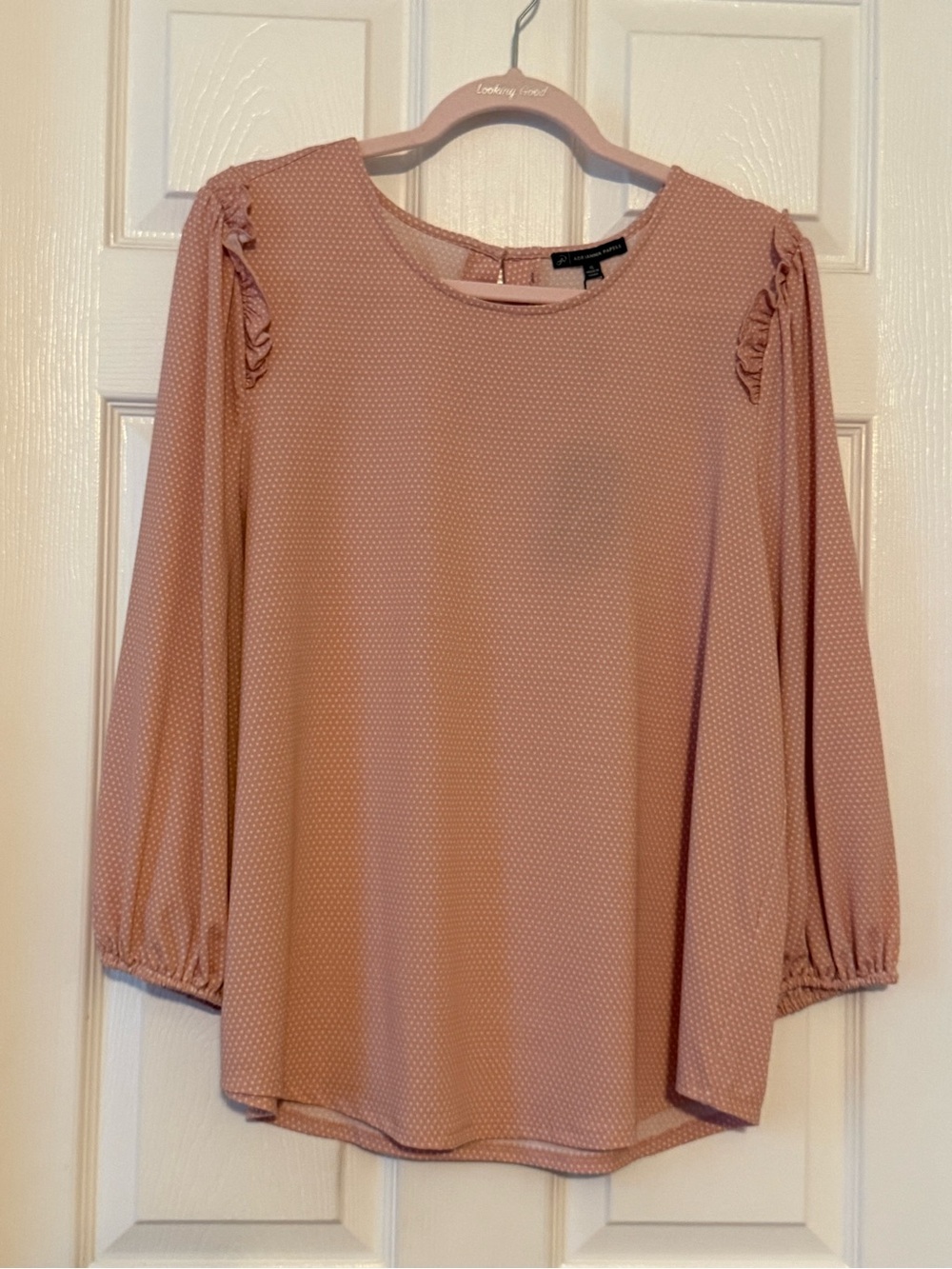 Adrianna Papell Blush Pink Dot Ruffle Shoulder Long Sleeve Blouse